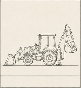 1970s-style orthographic line drawing of a generic backhoe loader