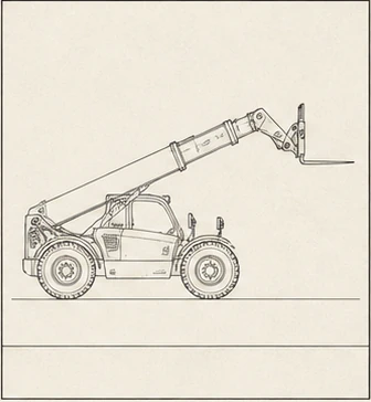 1970s-style orthographic line drawing of a generic telescopic handler